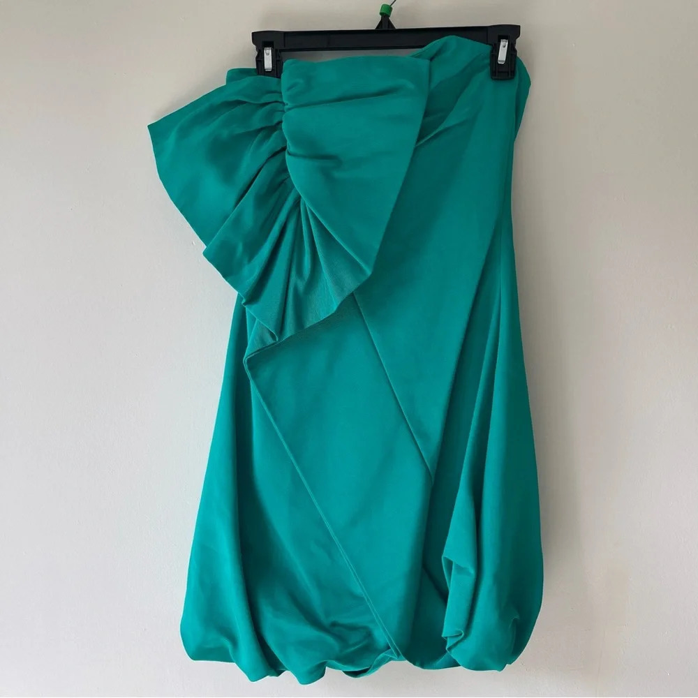 NWT Shoshanna Silk Turquoise Teal Strapless Bubble Hem Dress Asymmetrical Bow 4